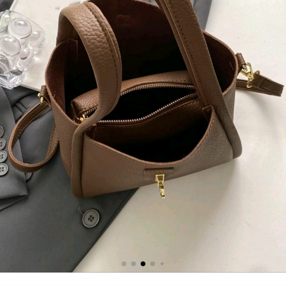 Brown Mini Bag with Gold Hardware and Structured Design - Picture 3 of 6